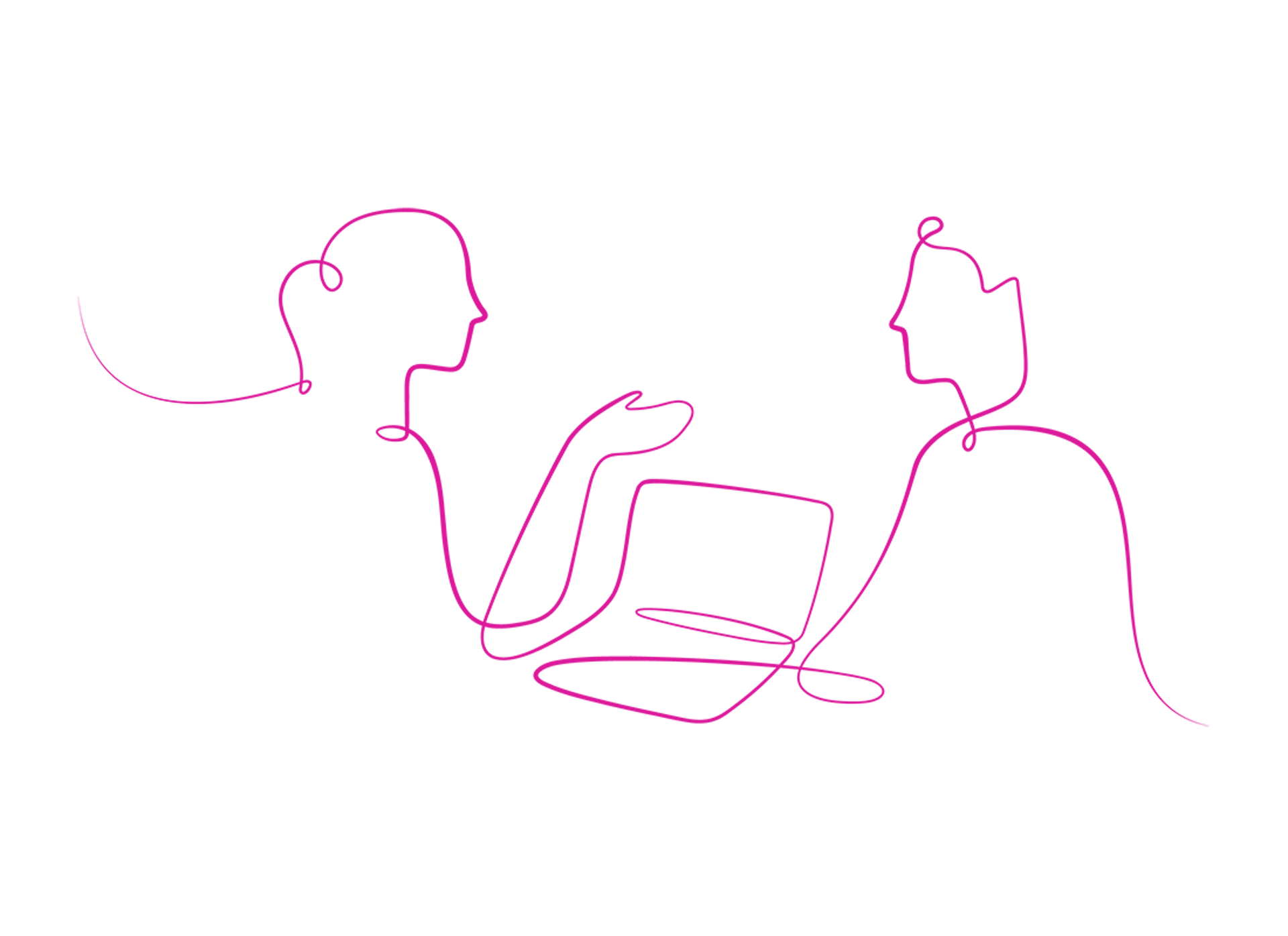 Illustration showing a silhouette of two people, engaged in conversation around a laptop
