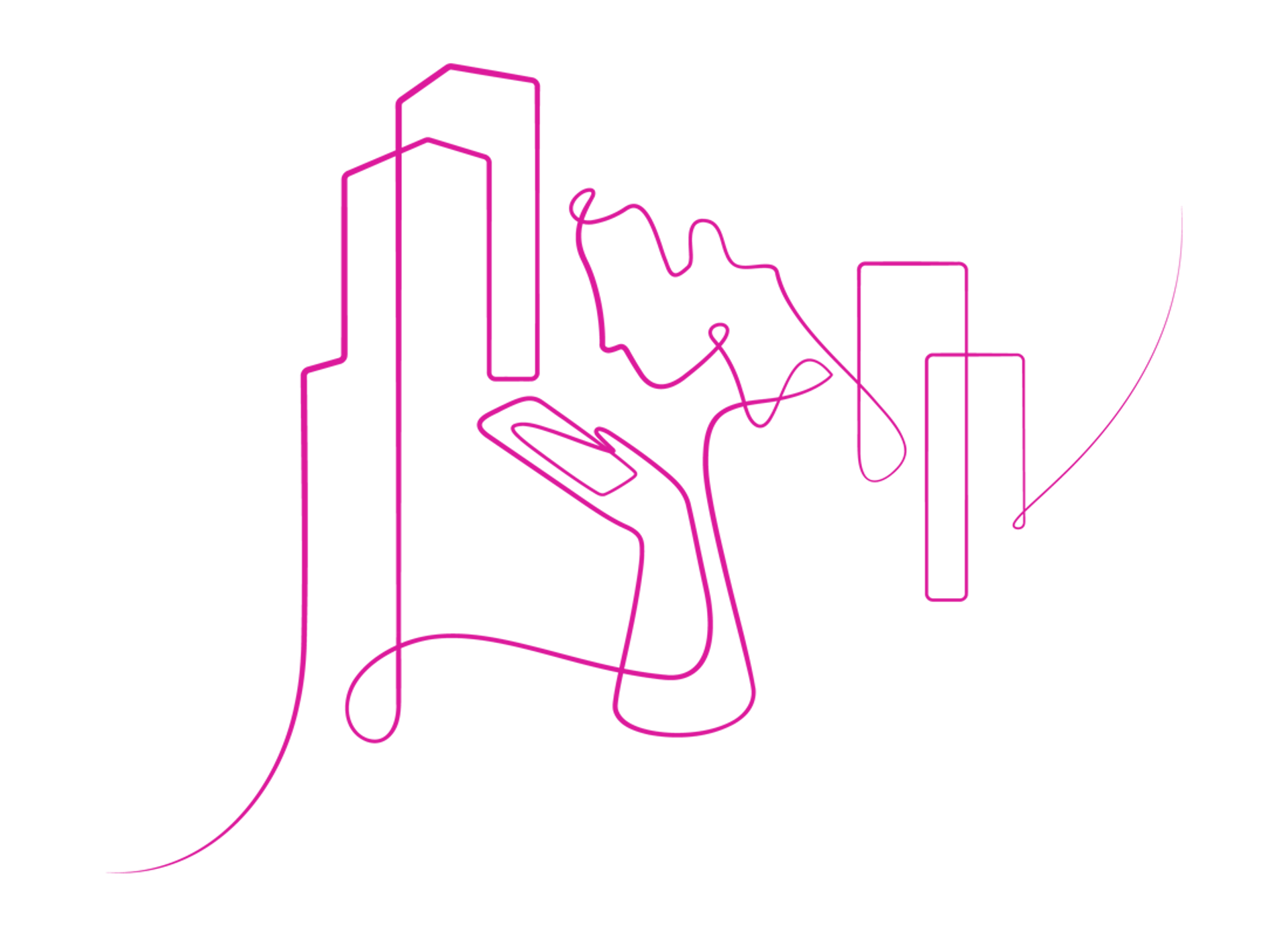Illustration showing a silhouette of a person using their phone, with skyscrapers in the distance